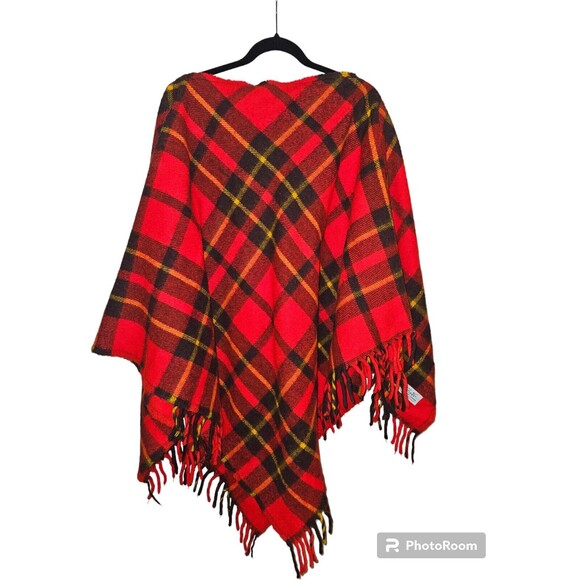 Vtg Faribo Wool Red Plaid Stadium Blanket Poncho Jacket Cover Wearable